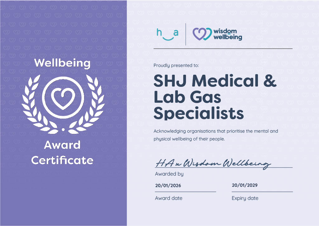 Wellbeing Award Certificate - SHJ Medical & Lab Gas Specialists